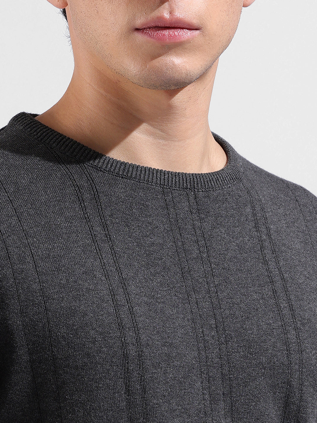 Men's Grey Slim Fit Textured Flat Knit Polo Collar T-Shirt