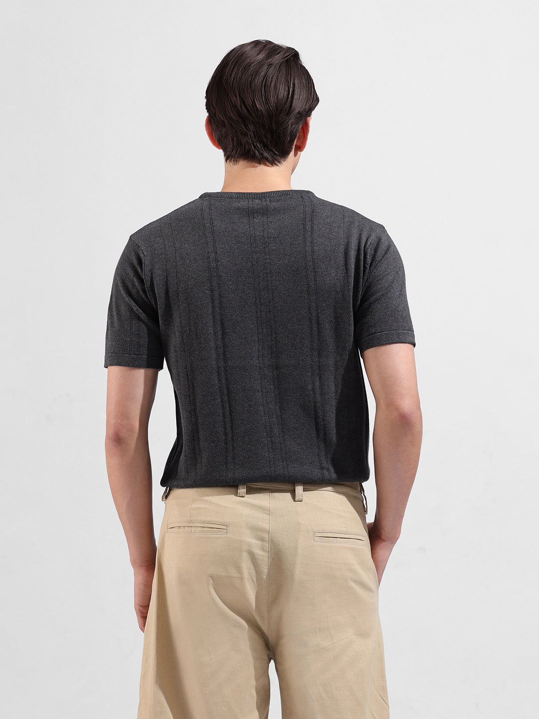 Men's Grey Slim Fit Textured Flat Knit Polo Collar T-Shirt
