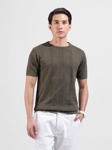 Men's Green Slim Fit Textured Flat Knit Crew Neck T-Shirt