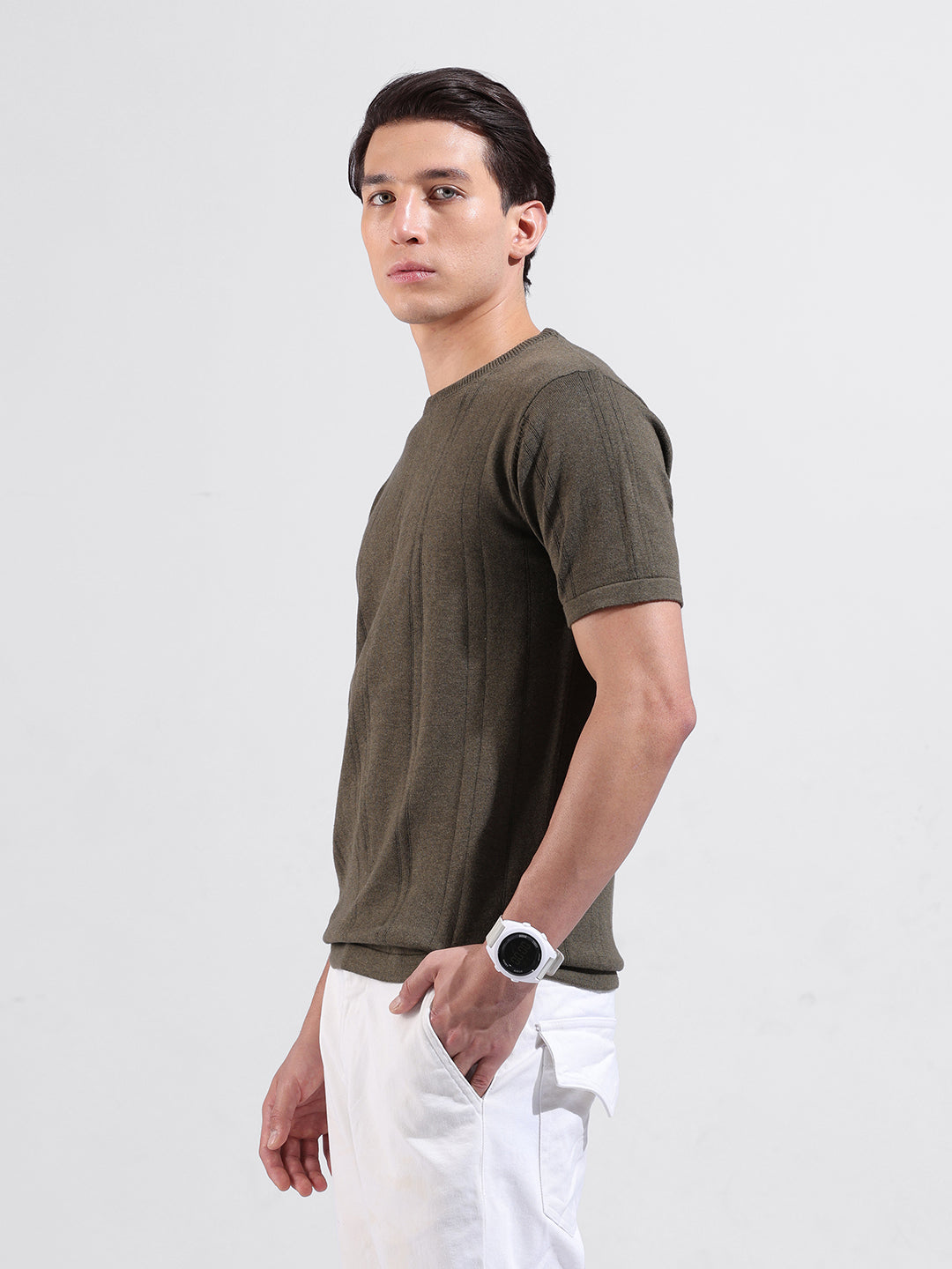 Men's Green Slim Fit Textured Flat Knit Crew Neck T-Shirt