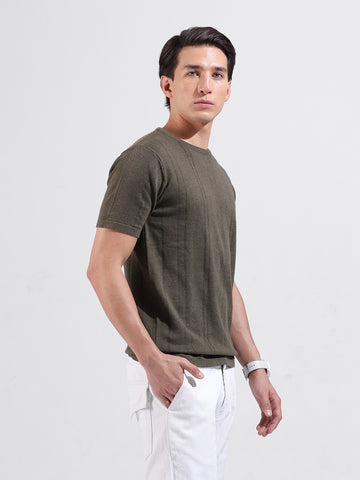 Men's Green Slim Fit Textured Flat Knit Crew Neck T-Shirt