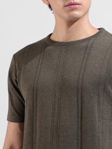Men's Green Slim Fit Textured Flat Knit Crew Neck T-Shirt