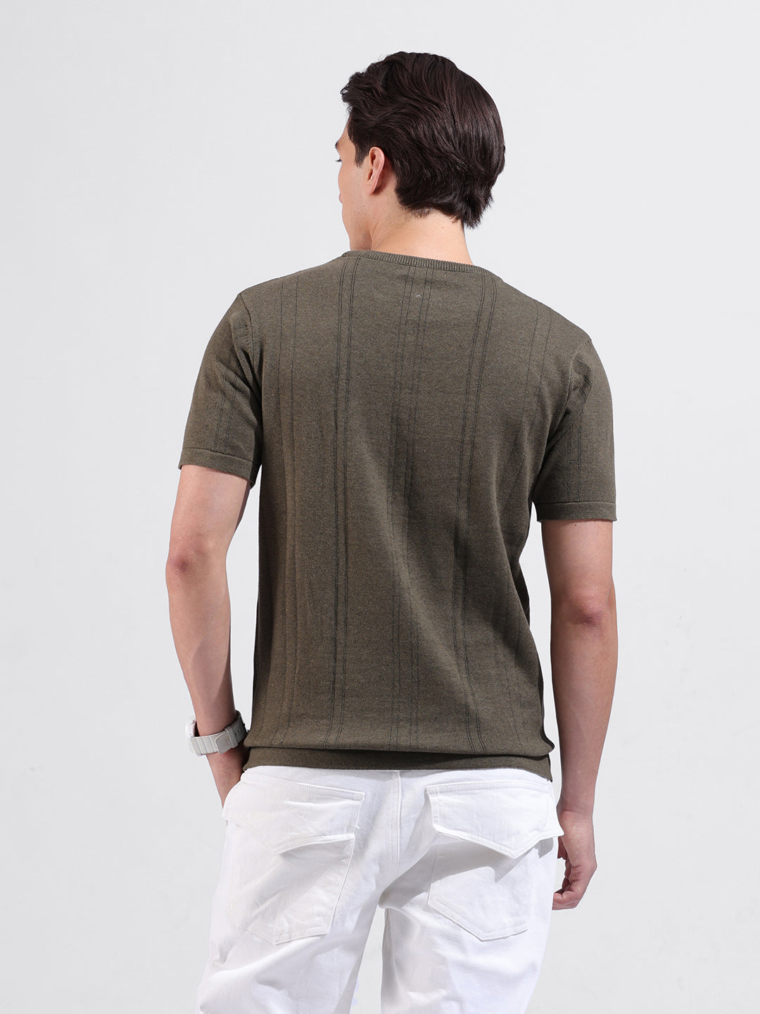 Men's Green Slim Fit Textured Flat Knit Crew Neck T-Shirt