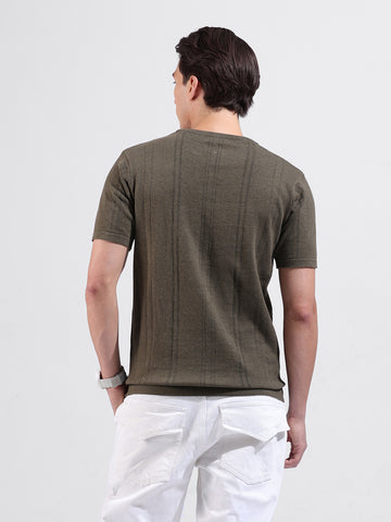 Men's Green Slim Fit Textured Flat Knit Crew Neck T-Shirt