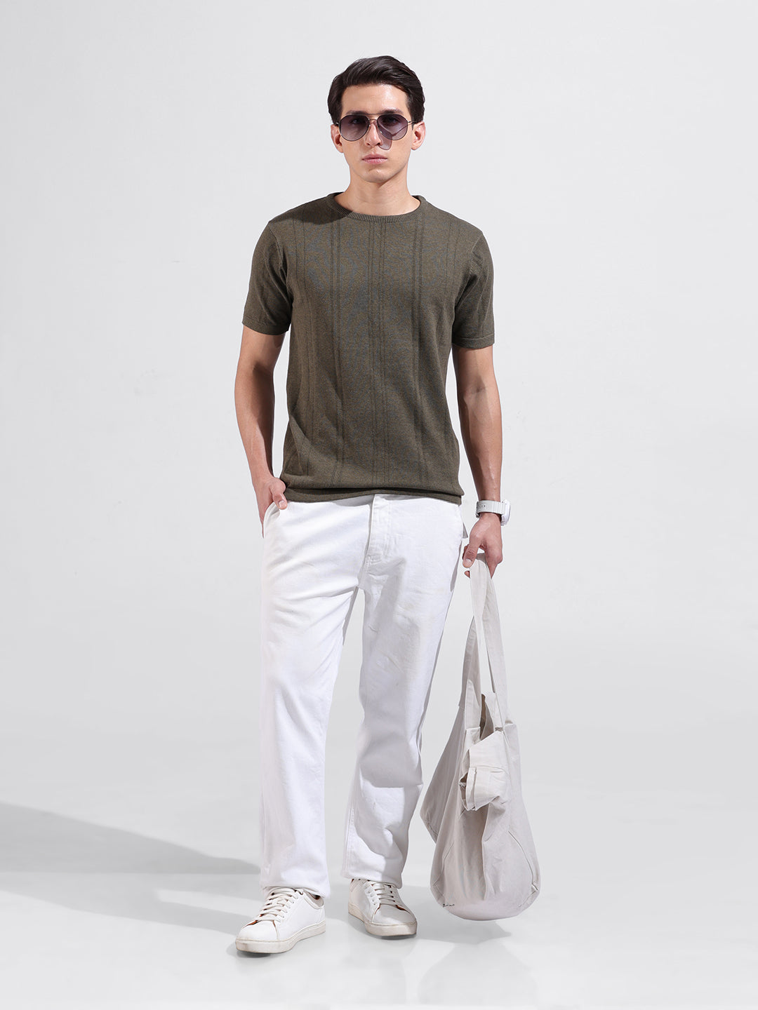 Men's Green Slim Fit Textured Flat Knit Crew Neck T-Shirt