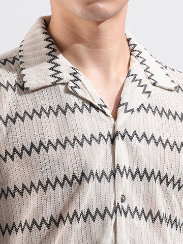 Men's Beige Relaxed Fit Textured Textured Shirt