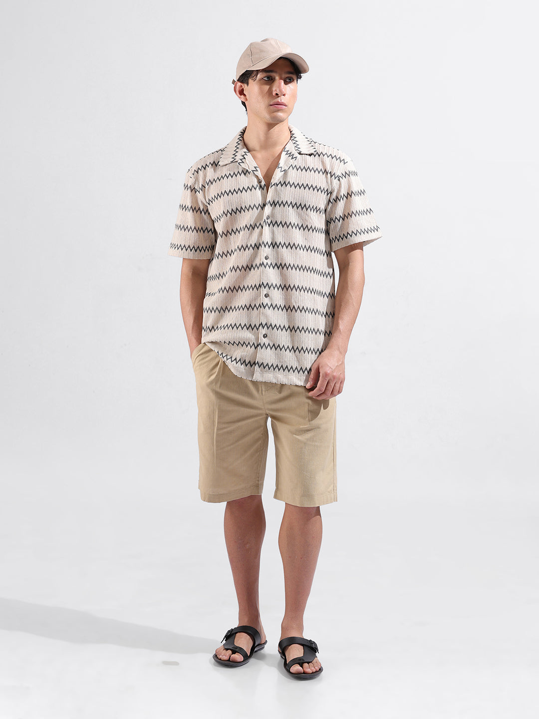 Men's Beige Relaxed Fit Textured Textured Shirt