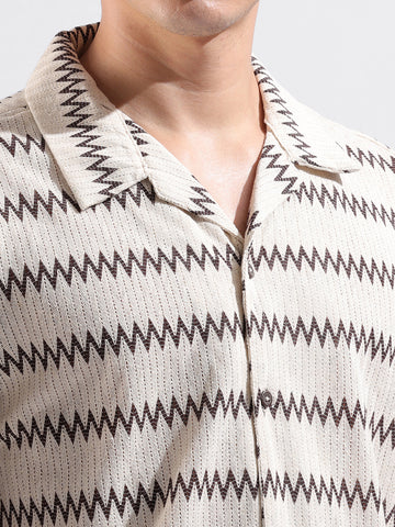 Men's Brown Relaxed Fit Textured Textured Shirt