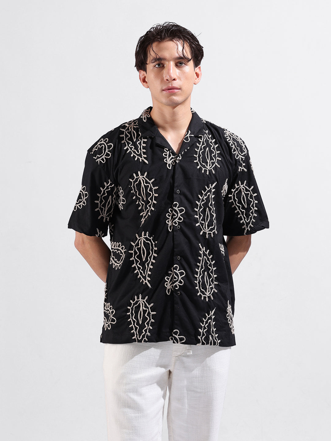 Men's Black Relaxed Fit Textured Resort Wear Shirt