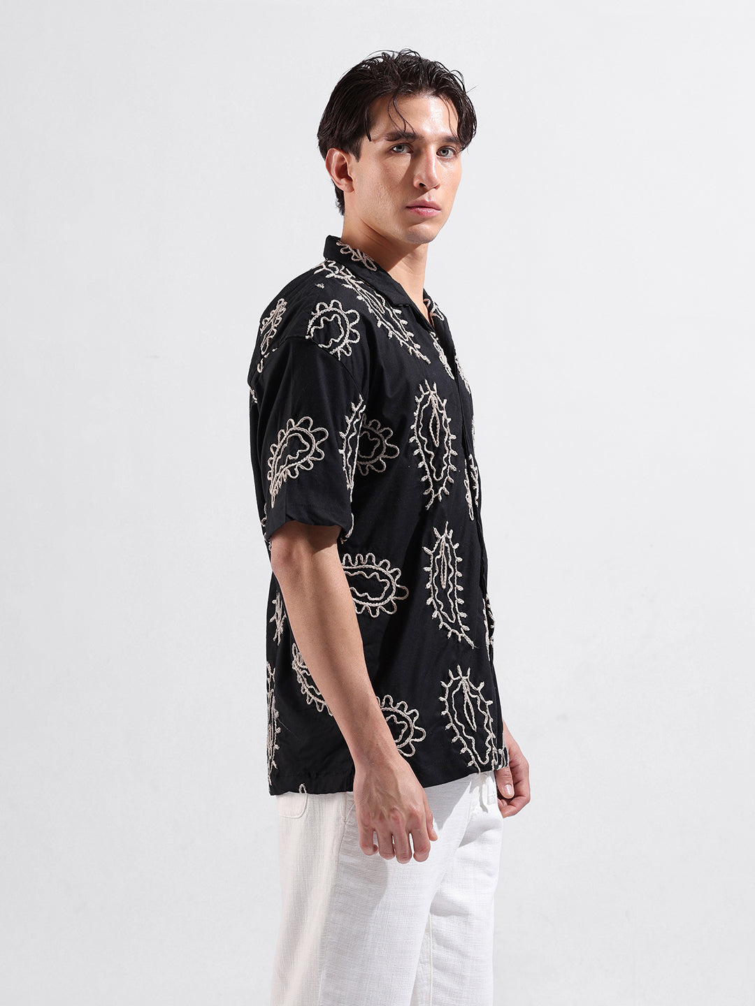 Men's Black Relaxed Fit Textured Resort Wear Shirt