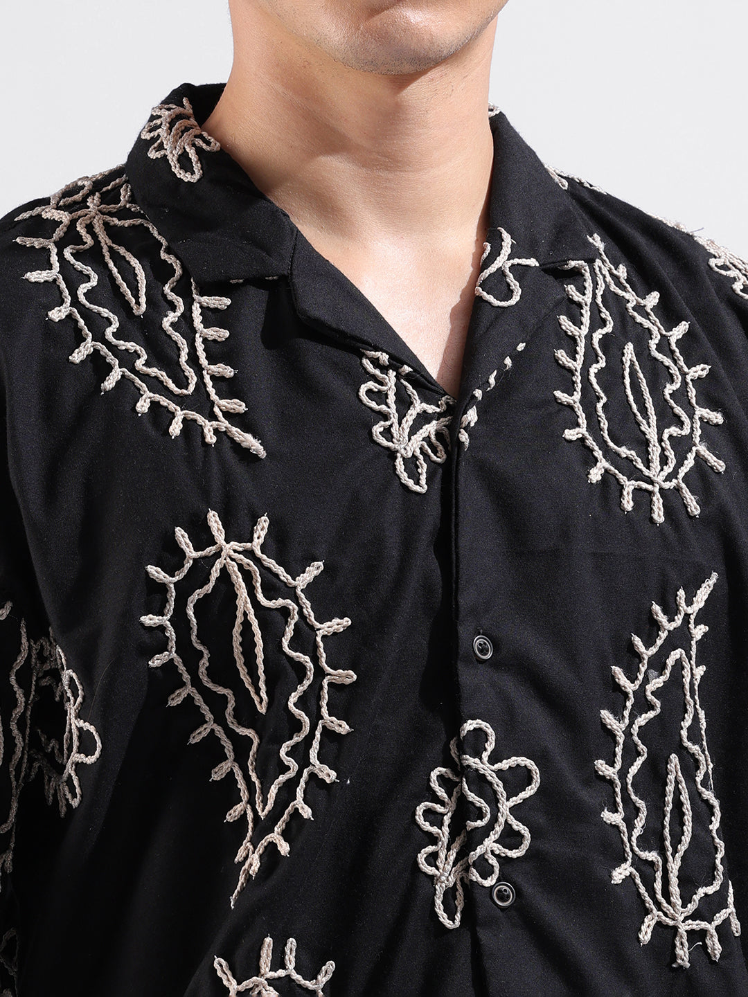 Men's Black Relaxed Fit Textured Resort Wear Shirt