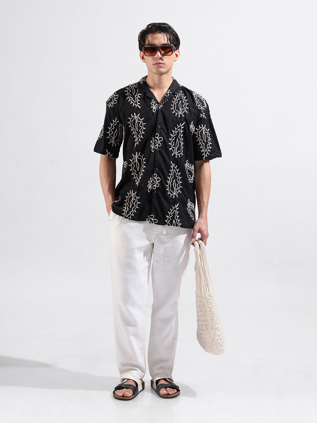 Men's Black Relaxed Fit Textured Resort Wear Shirt