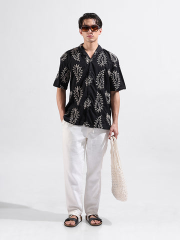 Men's Black Relaxed Fit Textured Resort Wear Shirt