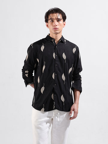 Men's Black Relaxed Fit Textured Resort Wear Shirt