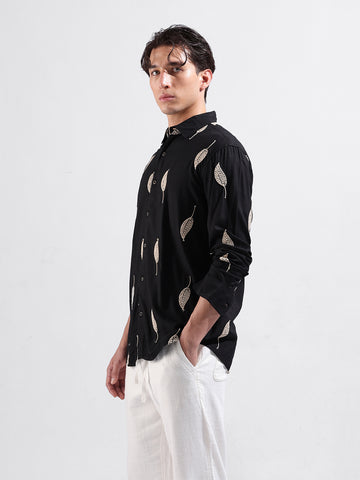 Men's Black Relaxed Fit Textured Resort Wear Shirt