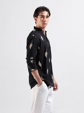 Men's Black Relaxed Fit Textured Resort Wear Shirt