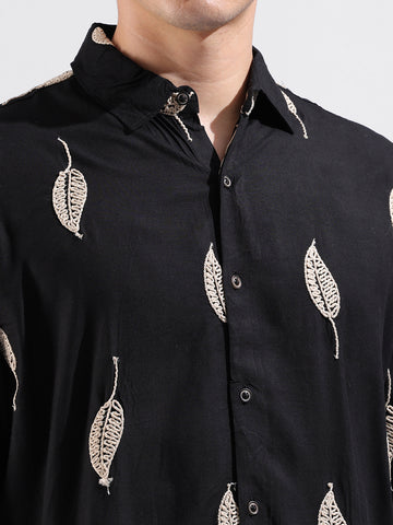 Men's Black Relaxed Fit Textured Resort Wear Shirt