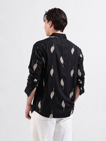 Men's Black Relaxed Fit Textured Resort Wear Shirt