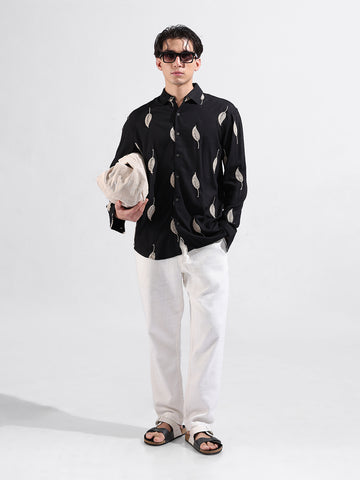 Men's Black Relaxed Fit Textured Resort Wear Shirt
