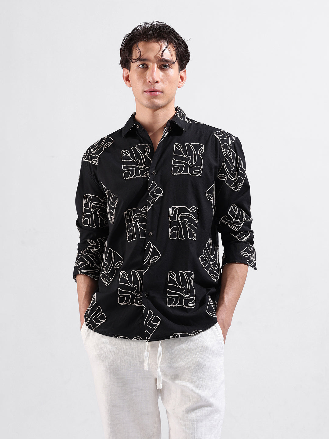 Men's Black Relaxed Fit Textured Resort Wear Shirt