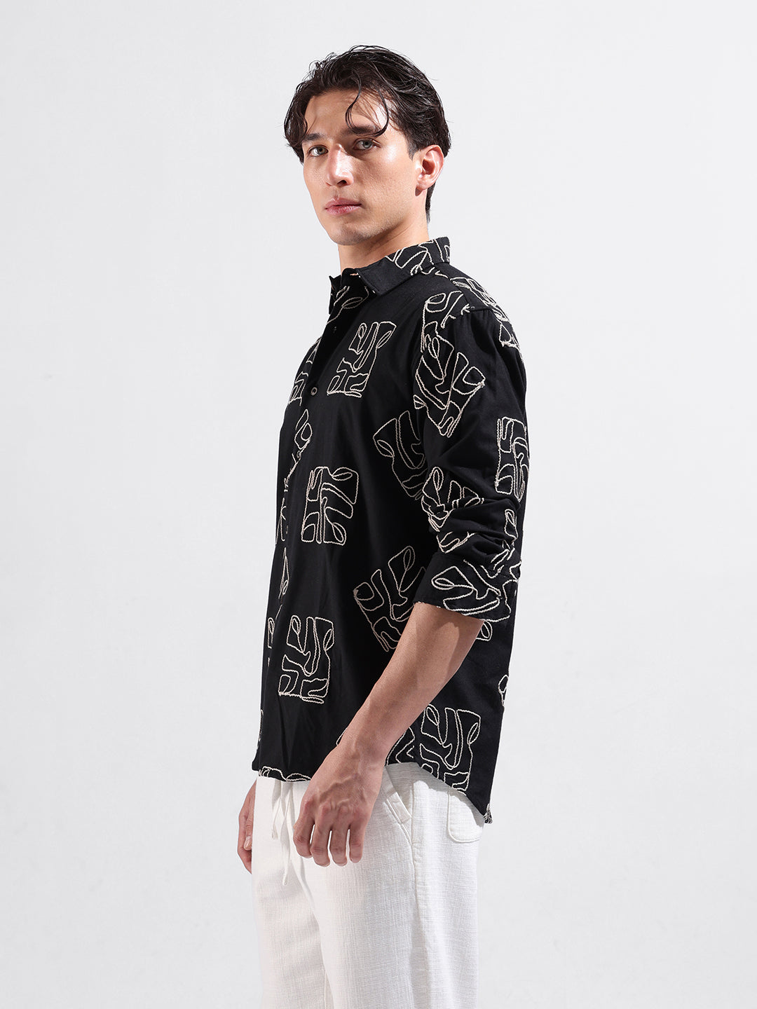 Men's Black Relaxed Fit Textured Resort Wear Shirt