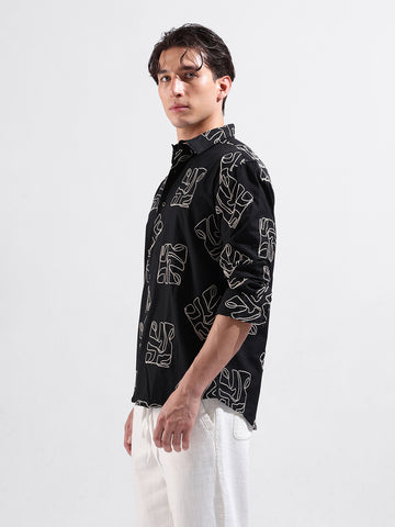 Men's Black Relaxed Fit Textured Resort Wear Shirt