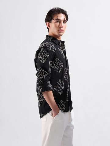 Men's Black Relaxed Fit Textured Resort Wear Shirt