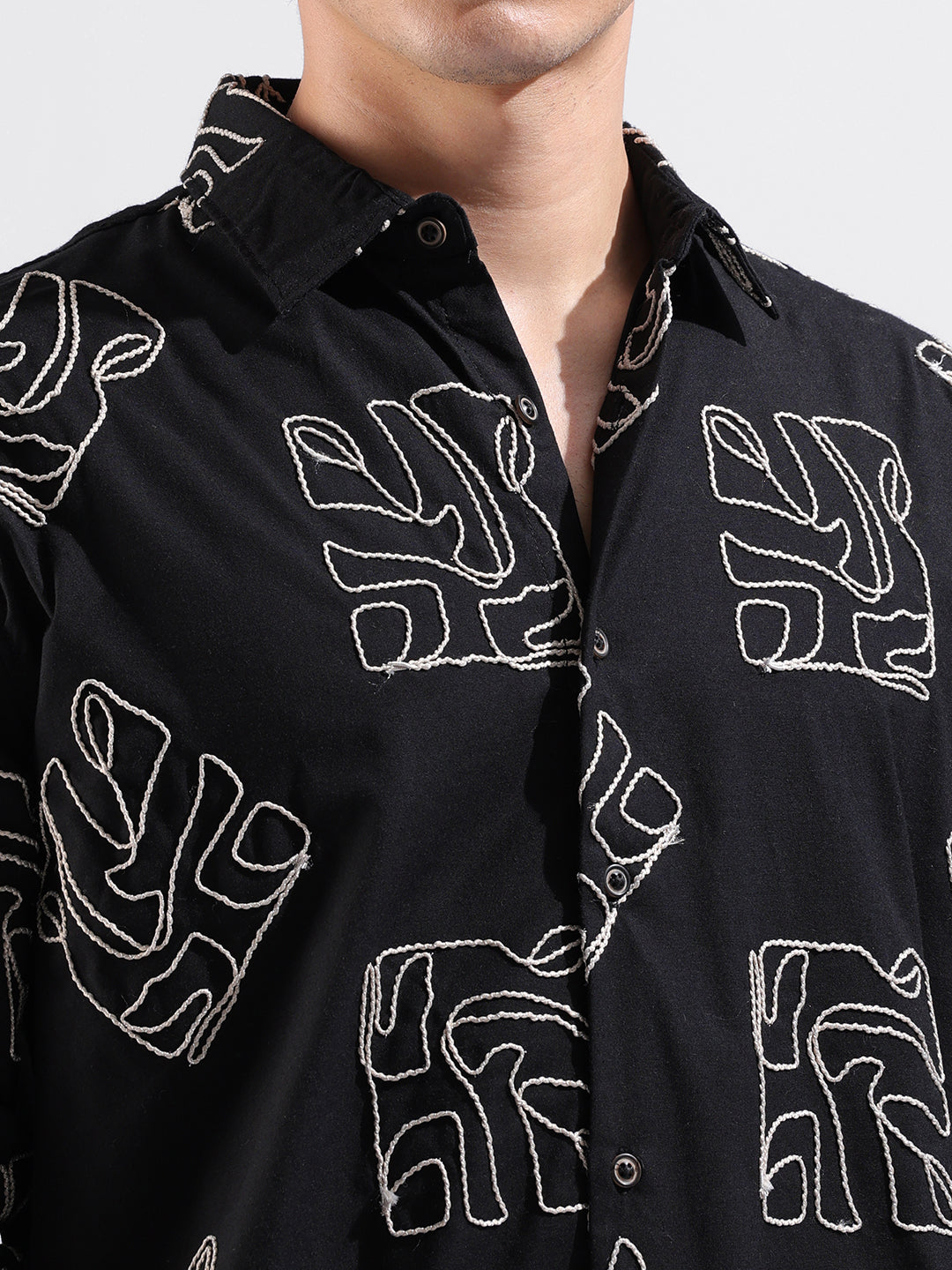 Men's Black Relaxed Fit Textured Resort Wear Shirt