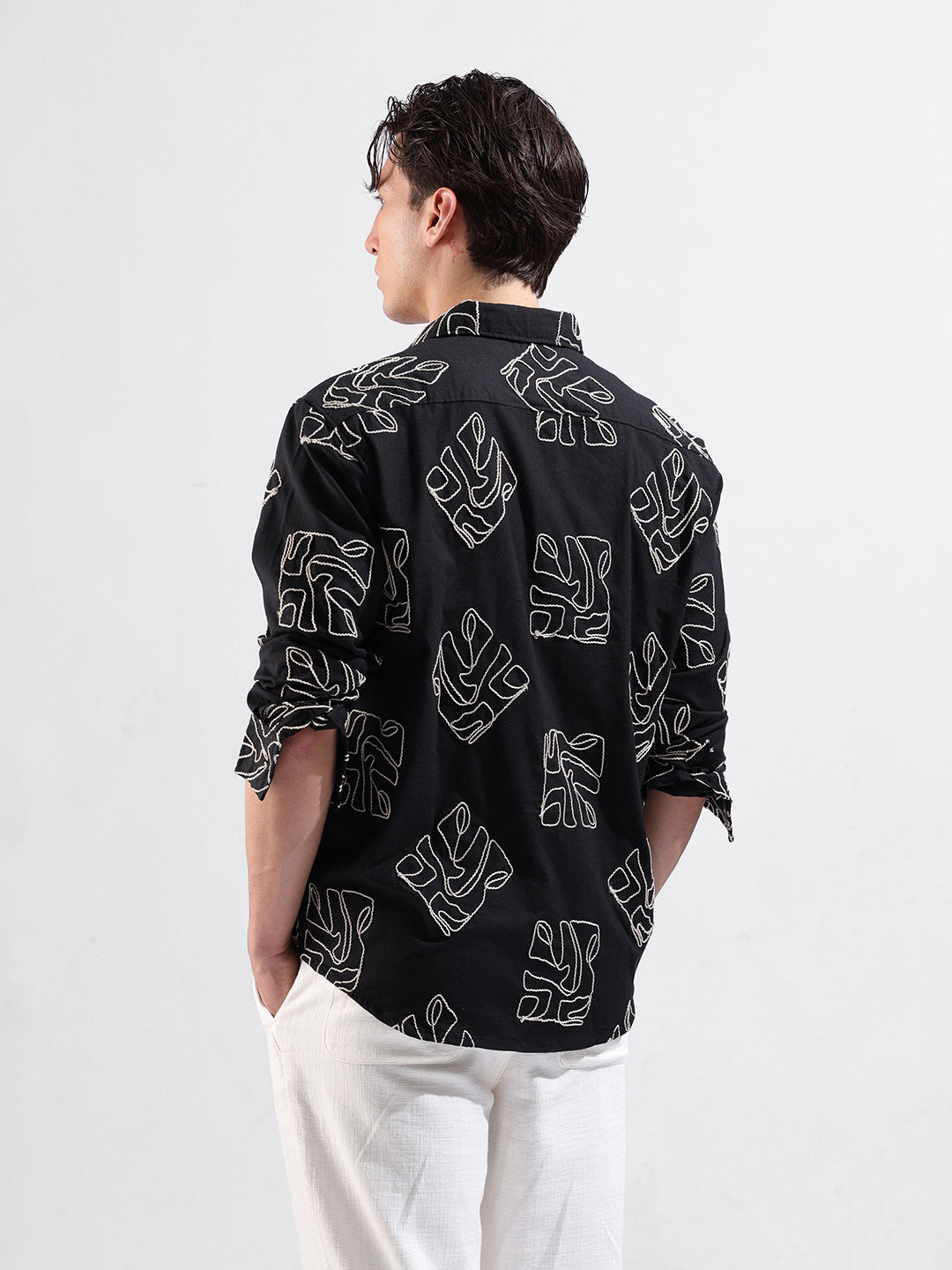 Men's Black Relaxed Fit Textured Resort Wear Shirt