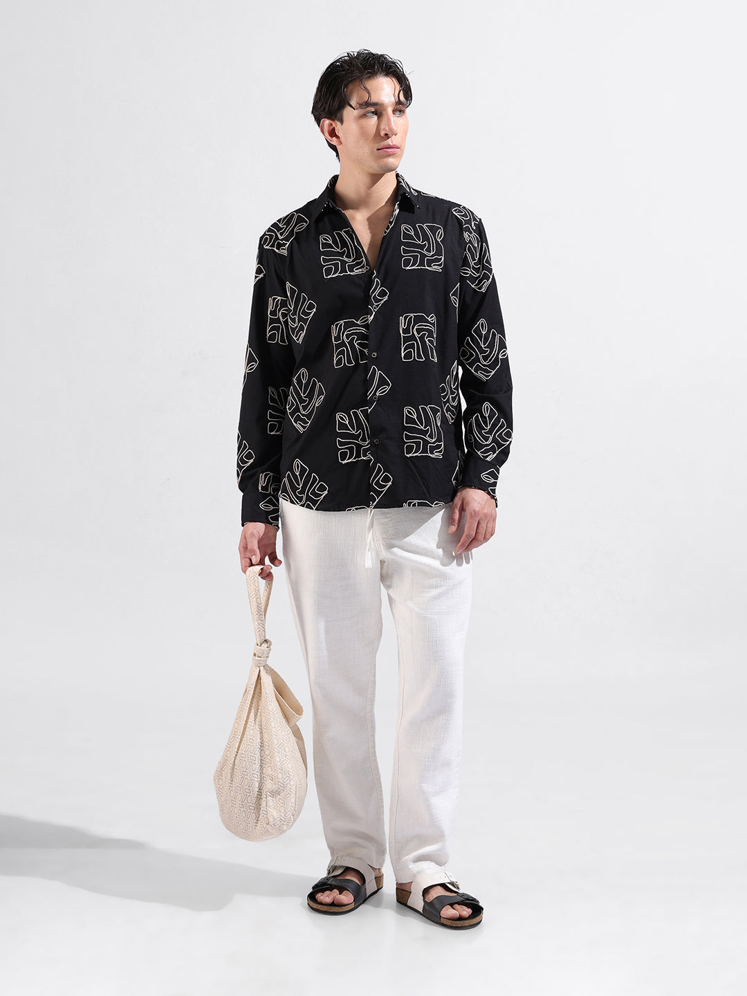 Men's Black Relaxed Fit Textured Resort Wear Shirt
