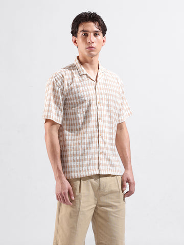 Men's Beige Relaxed Fit Solid Resort Wear Shirt