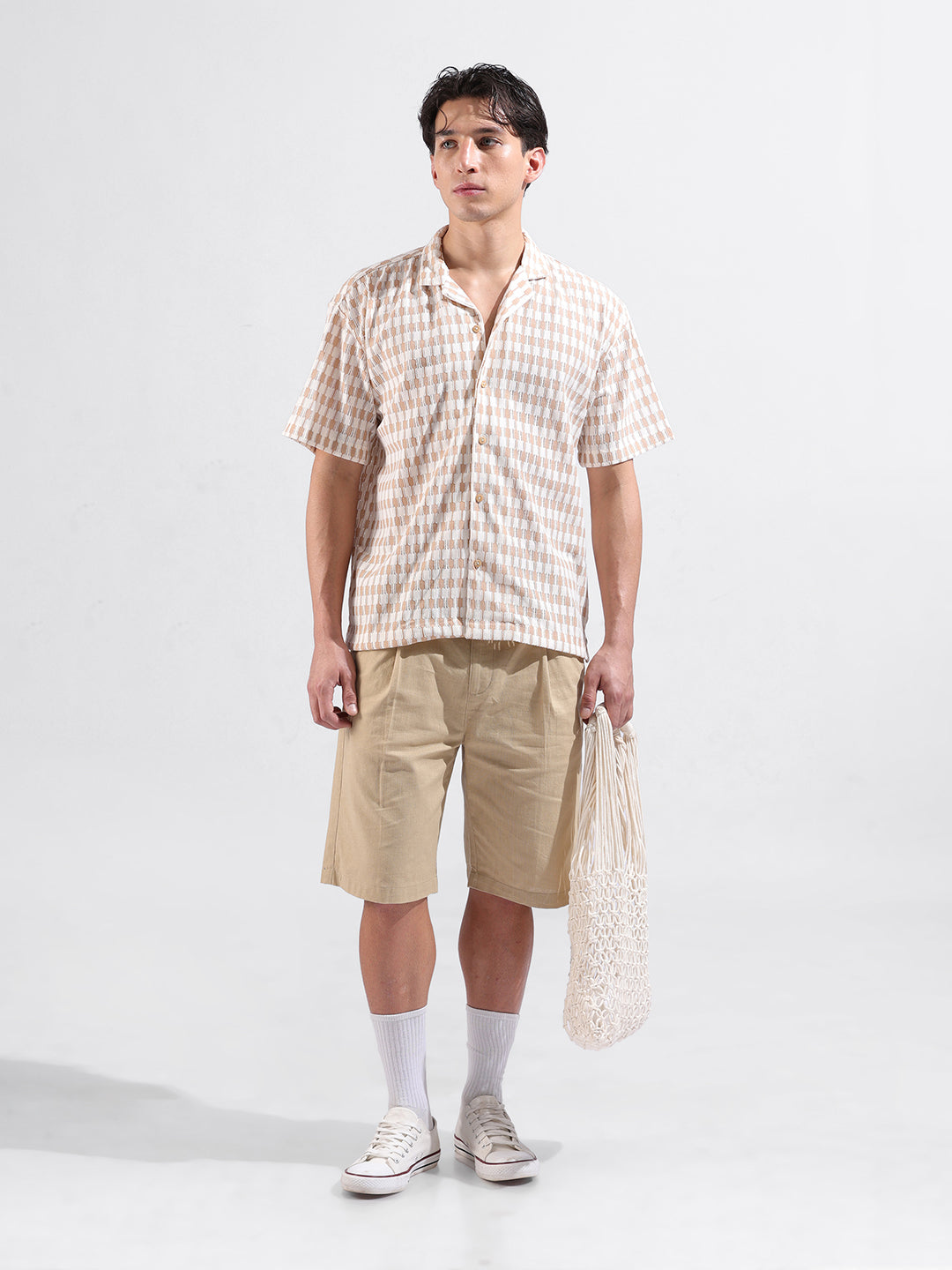 Men's Beige Relaxed Fit Solid Resort Wear Shirt