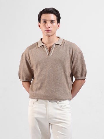 Men's Brown Oversized Fit Textured Flat Knit Polo Collar T-Shirt
