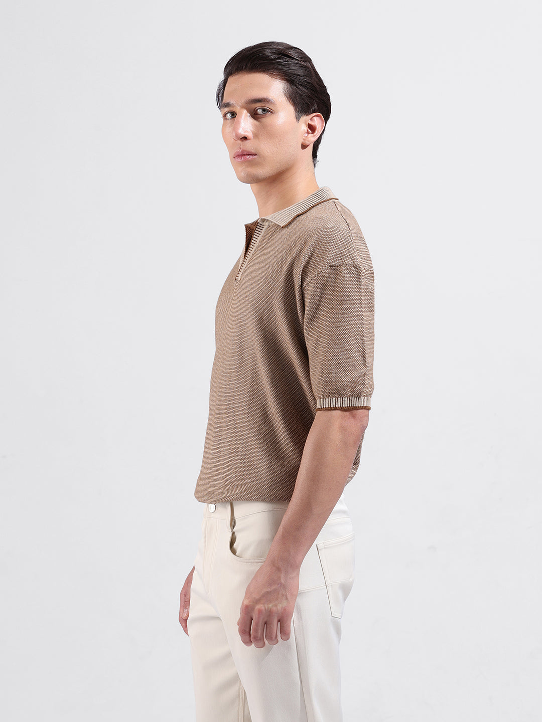 Men's Brown Oversized Fit Textured Flat Knit Polo Collar T-Shirt