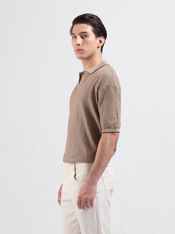 Men's Brown Oversized Fit Textured Flat Knit Polo Collar T-Shirt