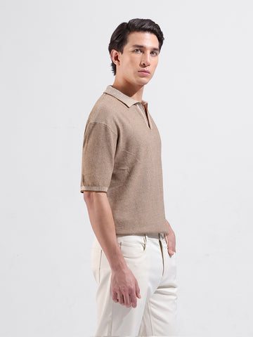 Men's Brown Oversized Fit Textured Flat Knit Polo Collar T-Shirt