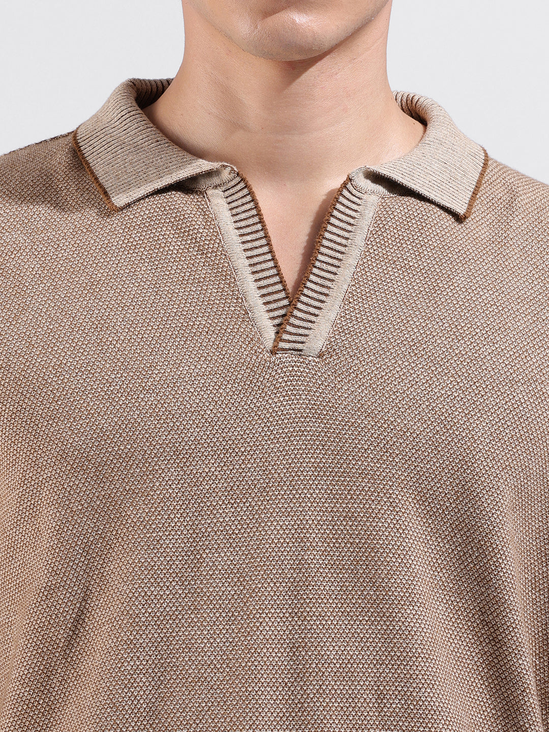 Men's Brown Oversized Fit Textured Flat Knit Polo Collar T-Shirt