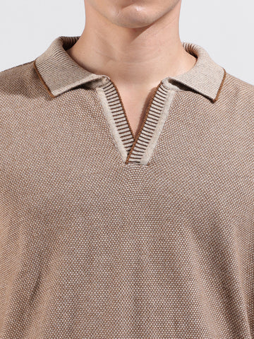 Men's Brown Oversized Fit Textured Flat Knit Polo Collar T-Shirt