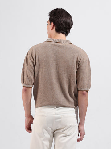 Men's Brown Oversized Fit Textured Flat Knit Polo Collar T-Shirt