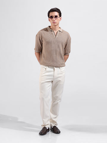 Men's Brown Oversized Fit Textured Flat Knit Polo Collar T-Shirt