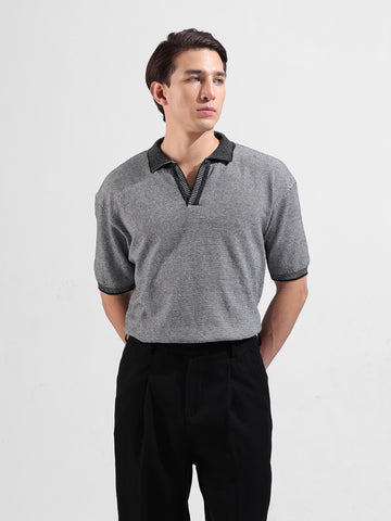 Men's Grey Oversized Fit Textured Flat Knit Polo Neck T-Shirt