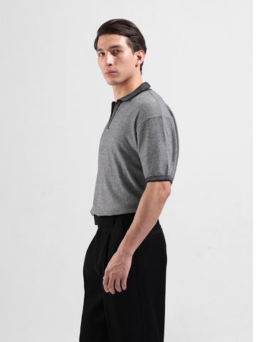 Men's Grey Oversized Fit Textured Flat Knit Polo Neck T-Shirt