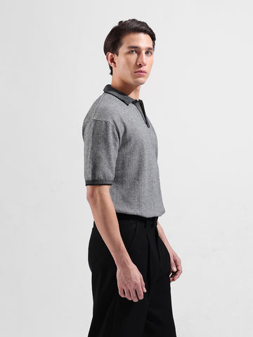 Men's Grey Oversized Fit Textured Flat Knit Polo Neck T-Shirt