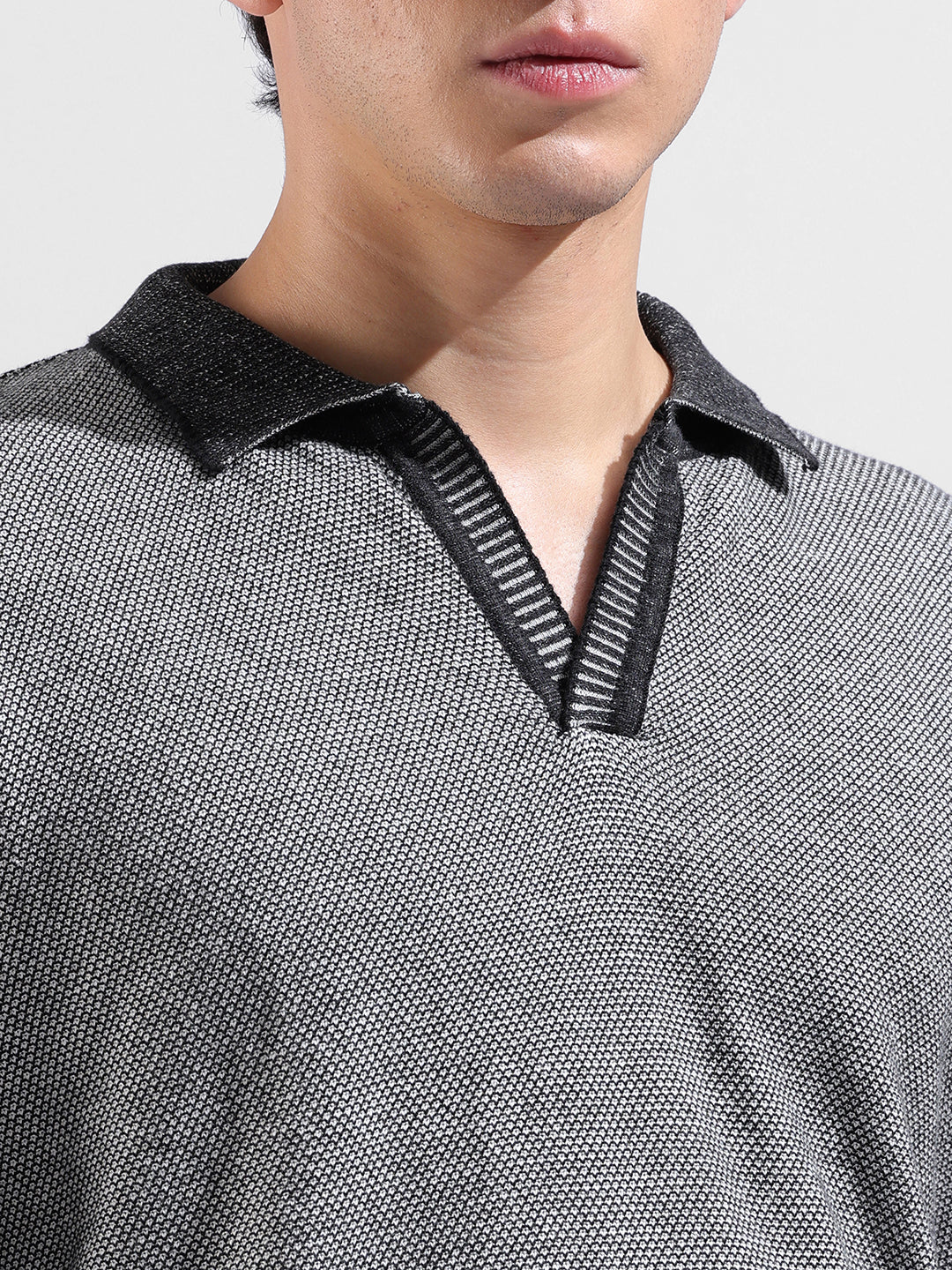 Men's Grey Oversized Fit Textured Flat Knit Polo Neck T-Shirt