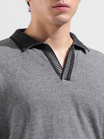 Men's Grey Oversized Fit Textured Flat Knit Polo Neck T-Shirt