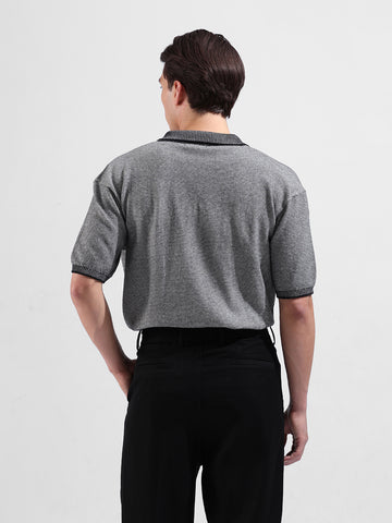 Men's Grey Oversized Fit Textured Flat Knit Polo Neck T-Shirt