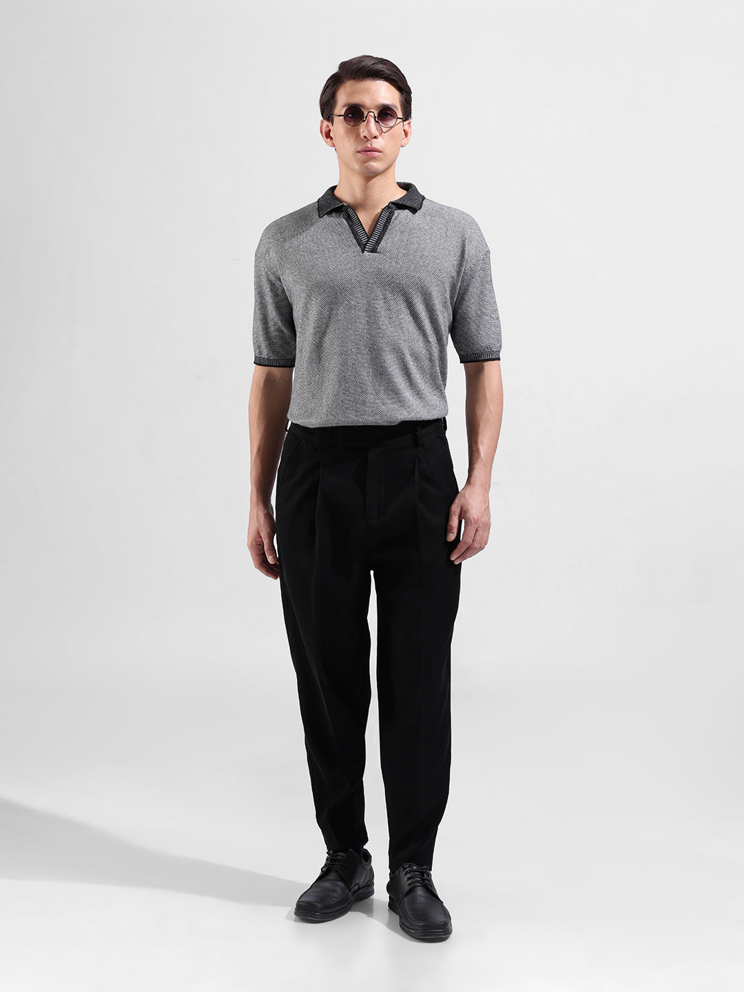 Men's Grey Oversized Fit Textured Flat Knit Polo Neck T-Shirt
