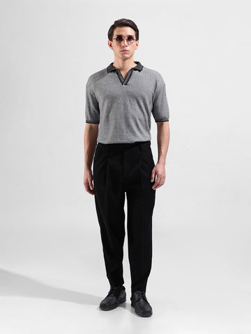 Men's Grey Oversized Fit Textured Flat Knit Polo Neck T-Shirt