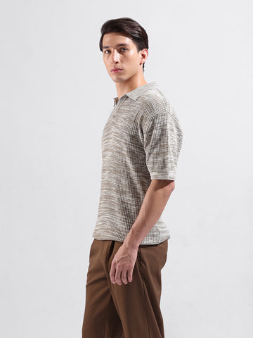 Men's Beige Oversized Fit Textured Flat Knit Polo Neck T-Shirt