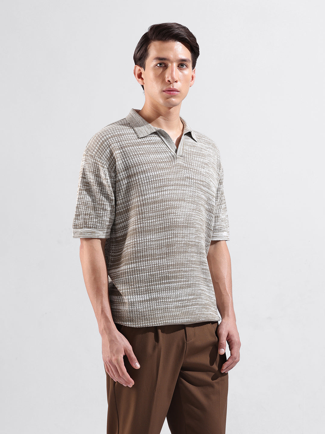 Men's Beige Oversized Fit Textured Flat Knit Polo Neck T-Shirt